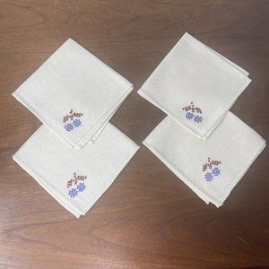 Vintage Ivory Napkins Linen Floral Embroidered Purple Tea Towel Set 4